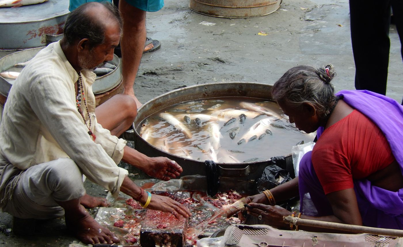Two people preparing fish in a large bowl outside